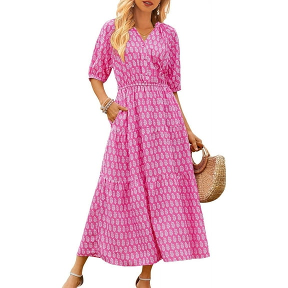 Womens Floral Maxi Dress: Casual Short Sleeve V Neck Button Elastic Waist Slit A Line Tiered Dresses with Pockets