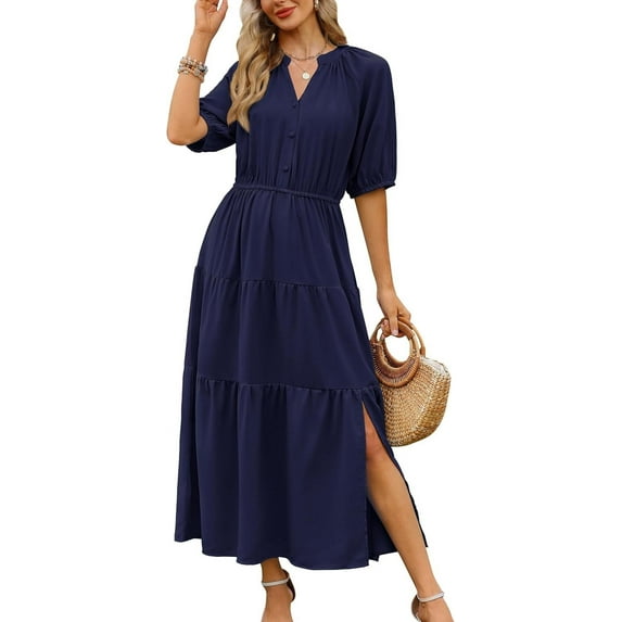 Womens Floral Maxi Dress: Casual Short Sleeve V Neck Button Elastic Waist Slit A Line Tiered Dresses with Pockets