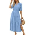 thumbnail image 1 of Womens Floral Maxi Dress: Casual Short Sleeve V Neck Button Elastic Waist Slit A Line Tiered Dresses with Pockets, 1 of 7