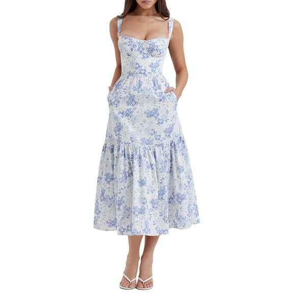 Womens Floral Maxi Dress Cottagecore Dress Summer Vintage Square Neck Split Boho Dress Midi Sundress Vocation