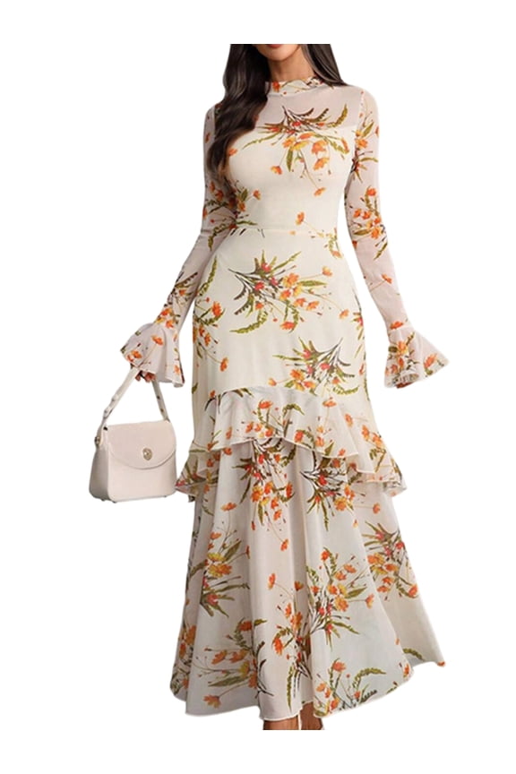 Womens Floral Maxi Dress Sheer Mesh Bell Sleeve Tiered Ruffle Gothic Romantic Casual Long Dresses Cream White L