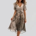 thumbnail image 1 of Womens Floral Maxi Dress - Short Sleeve Summer Boho Wedding Guest Dress Tie Waist Empire Waist Chiffon Modest Midi Dresses Light Brown XL, 1 of 7