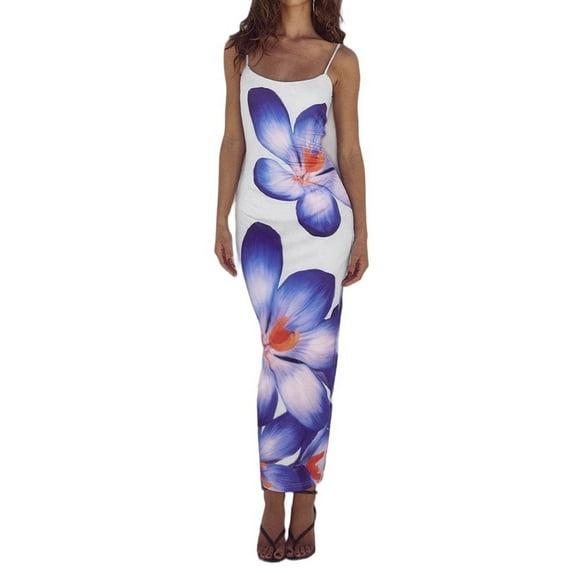 Womens Floral Maxi Dress Summer 2025 Spaghetti Strap Slip Bodycon Mesh Beach Vacation Dresses L