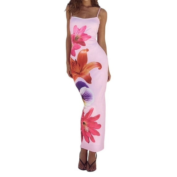 Womens Floral Maxi Dress Summer 2025 Spaghetti Strap Slip Bodycon Mesh Beach Vacation Dresses Pink L
