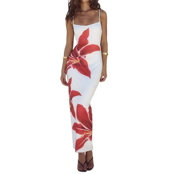 Womens Floral Maxi Dress Summer 2025 Spaghetti Strap Slip Bodycon Mesh Beach Vacation Dresses White L
