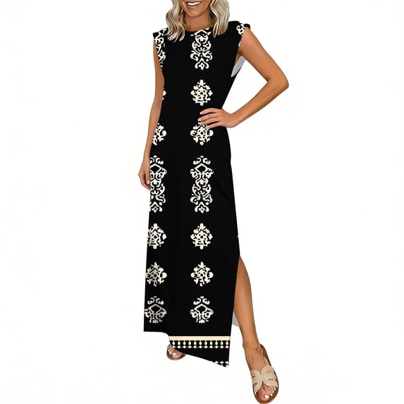 Womens Floral Maxi Dresses Summer Split Sleeveless Dress Casual Trendy Beach Holiday Travel Long Sundress, Khaki XL