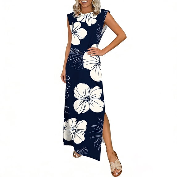 Womens Floral Maxi Dresses Summer Split Sleeveless Dress Casual Trendy Beach Holiday Travel Long Sundress, Navy XL