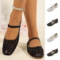 thumbnail image 1 of Womens Floral Mesh Lace Square Toe Mary Jane Flats, Single Buckle Strap Breathable Slip On Flat Dress Walking Shoes White 9.5(43), 1 of 9