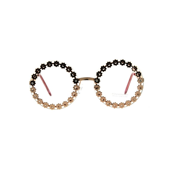 Womens Floral Metal Stud Circle Round Lens Hippie Eyeglasses Gold