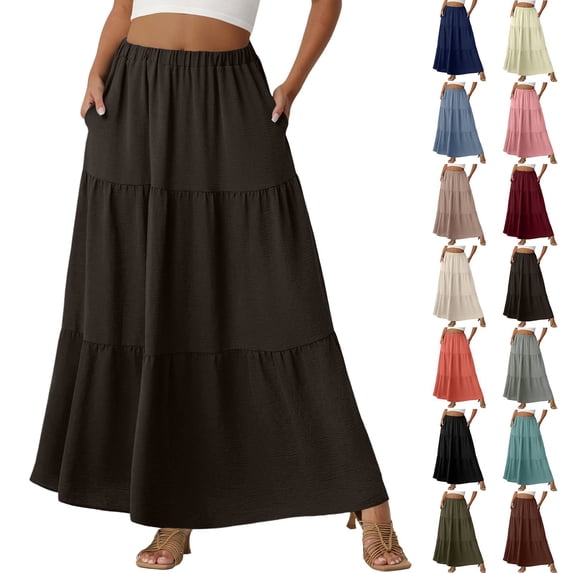Womens Floral Midi Skirt with Pockets High Elastic Waist Flowy Ruffle Casual Summer Boho Aline Skirts Coffee S