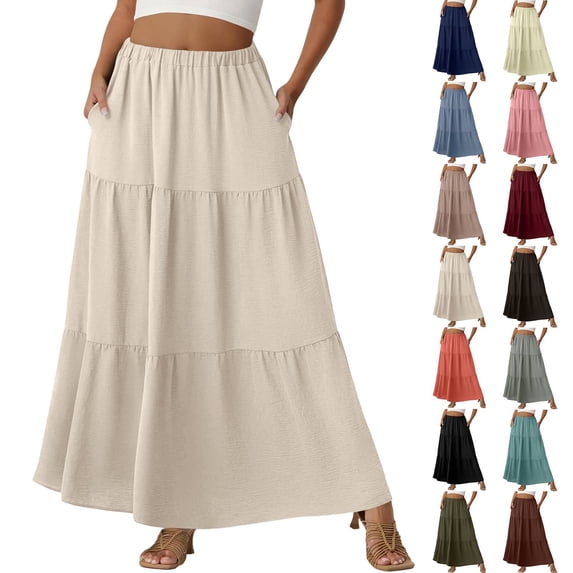 Womens Floral Midi Skirt with Pockets High Elastic Waist Flowy Ruffle Casual Summer Boho Aline Skirts Khaki XL