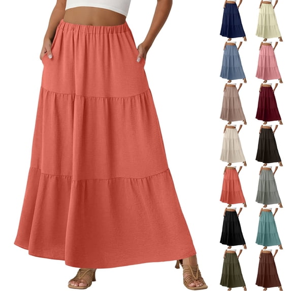 Womens Floral Midi Skirt with Pockets High Elastic Waist Flowy Ruffle Casual Summer Boho Aline Skirts Watermelon Red M