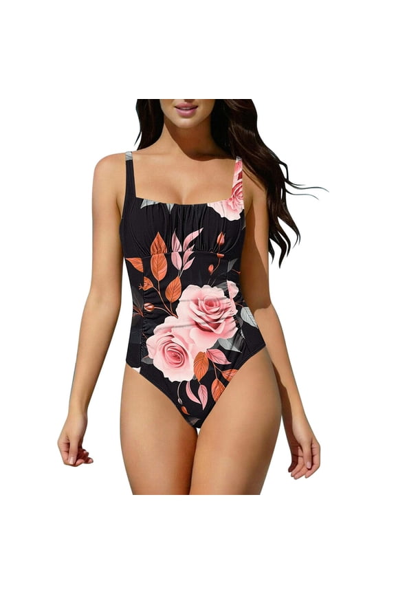 Womens Floral One Piece Swimsuit Tummy Control Vintage Square Neck High Cut Bathing Suit,Size 2XL