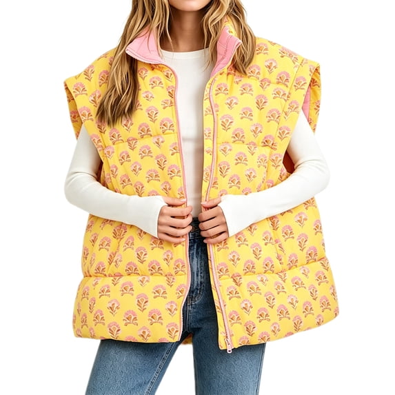 Womens Floral Oversized Puffer Vest Cap Sleeve Winter Warm Puffy Quilted Jackets Coat