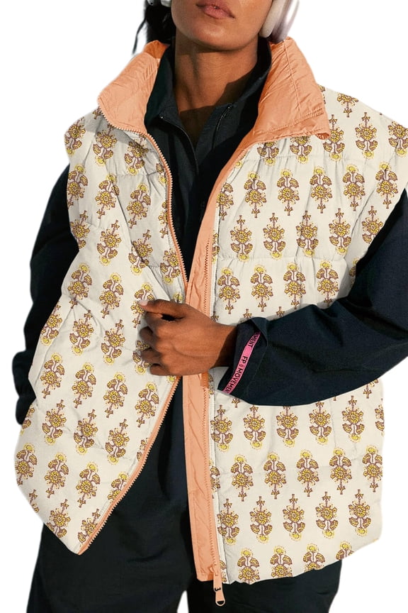 Womens Floral Oversized Puffer Vest Cap Sleeve Winter Warm Puffy Quilted Jackets Coat