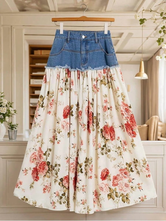 Womens Floral Patchwork Denim Skirt Blue A-Line Maxi