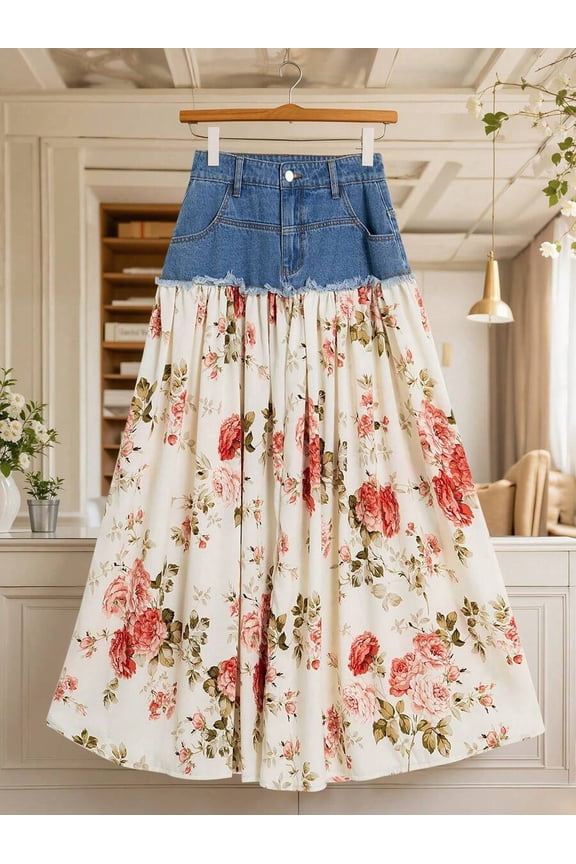 Womens Floral Patchwork Denim Skirt Blue A-Line Maxi