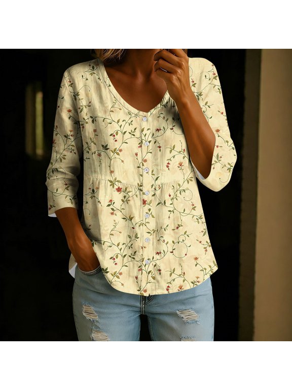 Womens Floral Peplum V-Neck Blouse 3/4 Sleeve Button Down Casual Boho Top Lightweight Wrinkle Free Breathable Summer Multicolor,Size S