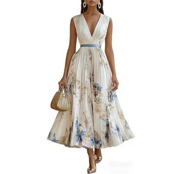 Womens Floral Pleated Midi Dress Sleeveless V Neck Flowy A Line Spring Wedding Guest Italian Style Party Dress