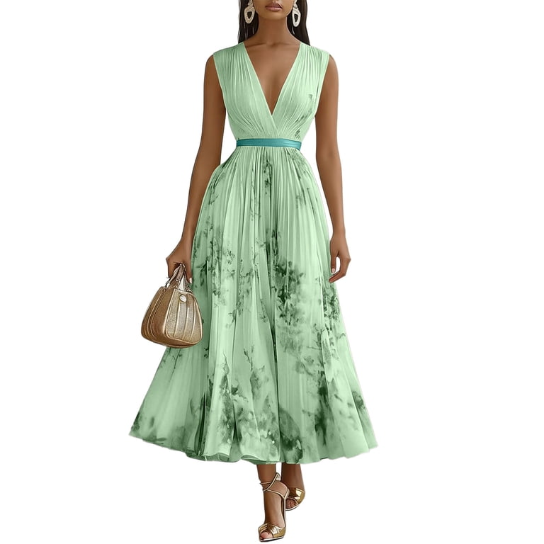 italian style formal dresses Knosfe Womens Floral Pleated Midi Dress Sleeveless V Neck Flowy A Line Spring Wedding Guest Party Dress, Women's, Size: 2XL Chiffon bridesmaid dresses