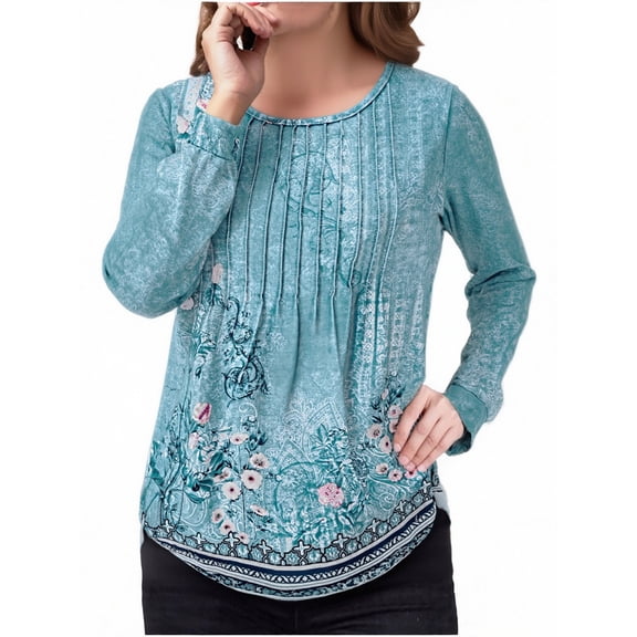Womens Floral Pleated Tops Long Sleeve Dressy Casual Blouses Fall Loose Boho Crew Neck Tunics Shirts, XXL Mint Green
