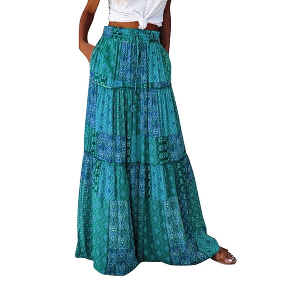 Womens Floral Print Boho Maxi Skirt Elastic High Waist Pleated Ruffle Flowy Long Skirts Green M