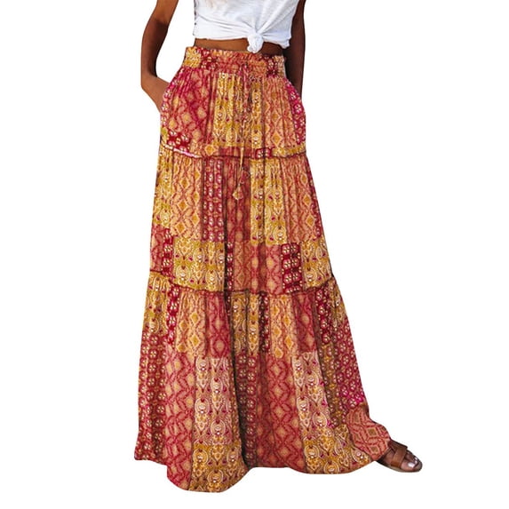 Womens Floral Print Boho Maxi Skirt Elastic High Waist Pleated Ruffle Flowy Long Skirts Yellow L