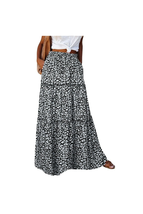 Womens Floral Print Boho Maxi Skirt Elastic High Waist Pleated Ruffle Flowy Long Skirts