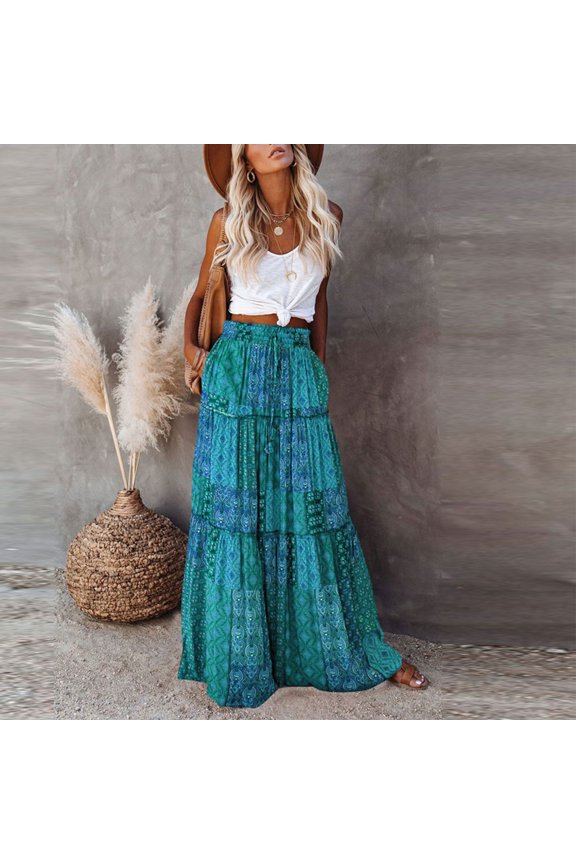 Womens Floral Print Boho Maxi Skirt Elastic High Waist Pleated Ruffle Flowy Long Skirts