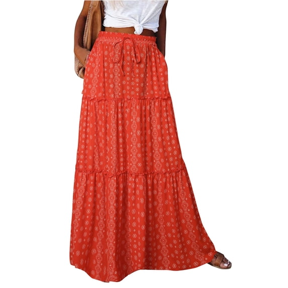 Womens Floral Print Boho Maxi Skirt Elastic High Waist Pleated Ruffle Flowy Long Skirts