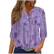 CHARELLA Womens Floral Print Button Top 3/4 Sleeve V-Neck T-Shirts Loose Casual Tee Summer Blouse for Women 2024 Trendy (Purple L)