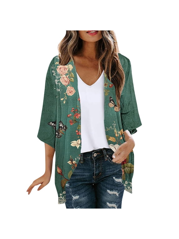 Womens Floral Print Cardigan Plus Size 3/4 Sleeve Open Front Outwear Chiffon Lightweight Casual Loose Jackets (XXL, Army Green)