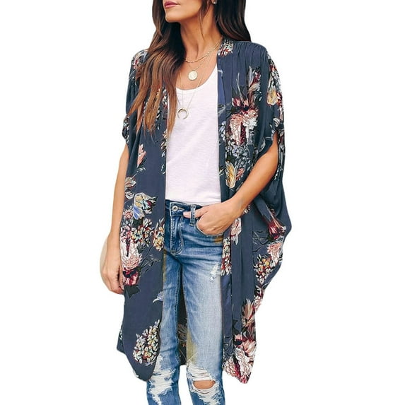 Womens Floral Print Cardigans Short Sleeve Draped Flowy Loose Beach Cover Up Tops