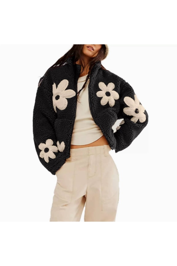 Womens Floral Print Fleece Jackets Winter Sweatshirt Zipper Cropped Coat Casual Long Sleeve Outwear