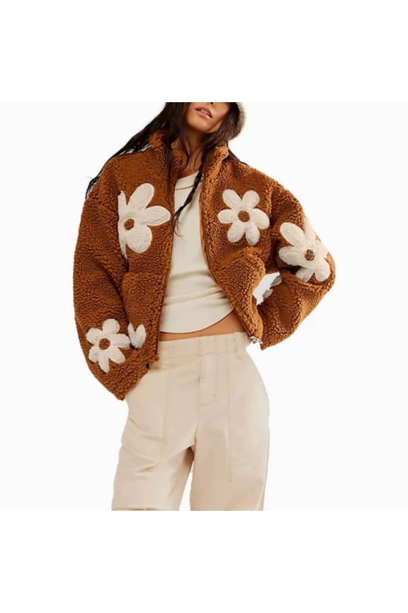 Womens Floral Print Fleece Jackets Winter Sweatshirt Zipper Cropped Coat Casual Long Sleeve Outwear