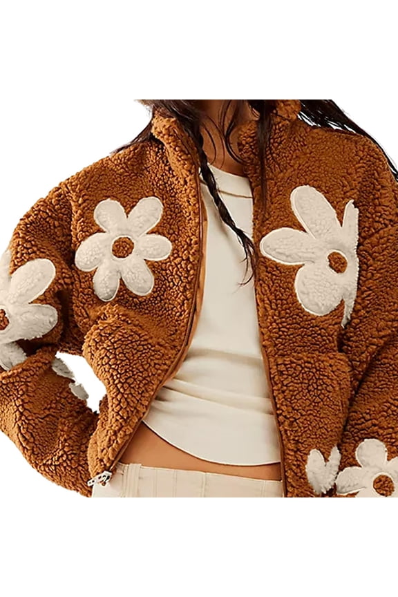 Womens Floral Print Fleece Jackets Winter Zipper Cropped Coat Casual Long Sleeve Outwear with Pockets Caramel Color M
