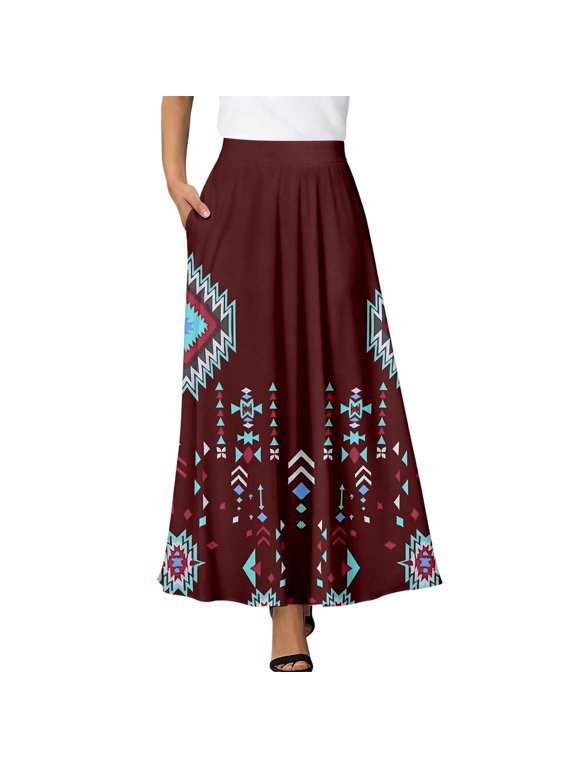 Womens Floral Print High Waist Skirt Flowy Boho Long Maxi Hemline Slit Summer Beach Swing Skirt Bottom L