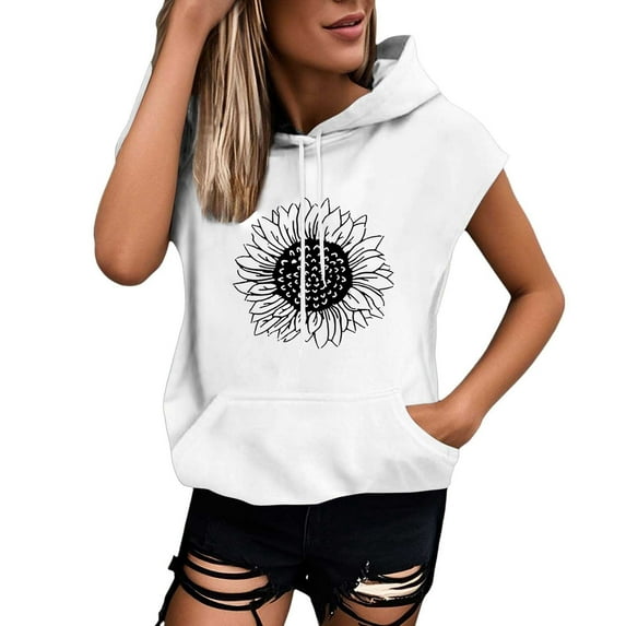 Womens Floral Print Hooded Sweatshirt Crew Neck Hoodies Short Sleeve Pullover Lightweight Loose Tops