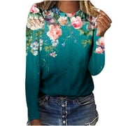 AKOEE Womens Floral Print Long Sleeve T Shirts Plus Size Tops Graphic Tee Round Neck Blouses for Spring Fall Casual S-XXXL (3X-Large, Green 01)
