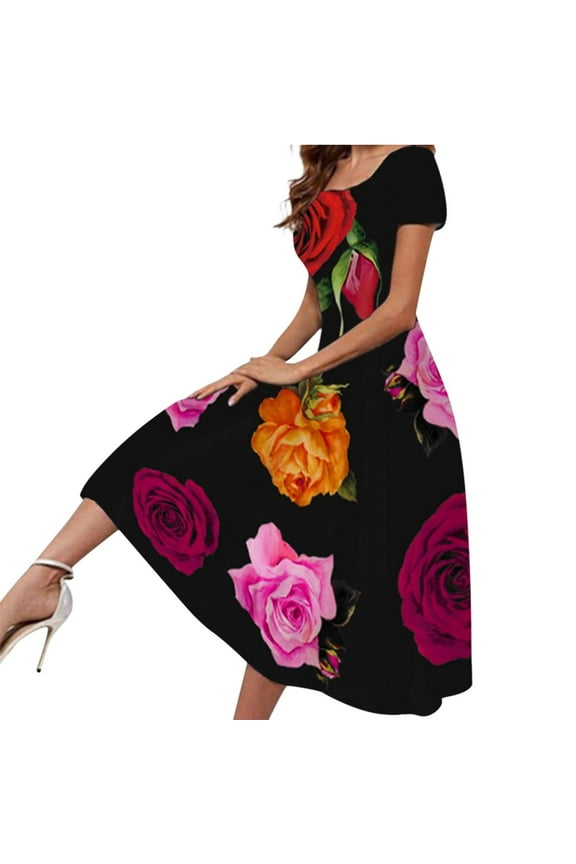 Womens Floral Print Mexican Long Dress Fashion Summer Scoop Neck Casual Short Sleeve Elegant Party Maxi Dress