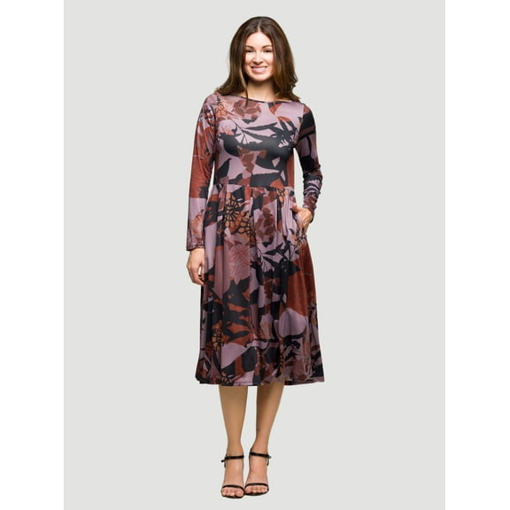 Womens Floral Long Sleeve Midi Pocket Dress