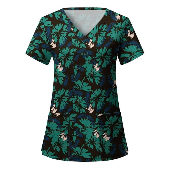 Womens Floral Print Nurse Scrubs Casual Short Sleeves Nurse Uniforms Soft Fitted V Neck Tunic Medical Scrub With Pockets Summer Holiday Work Top