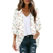 Womens Floral Print Puff Sleeve Kimono Cardigan Loose Cover Up Casual Shirt Top