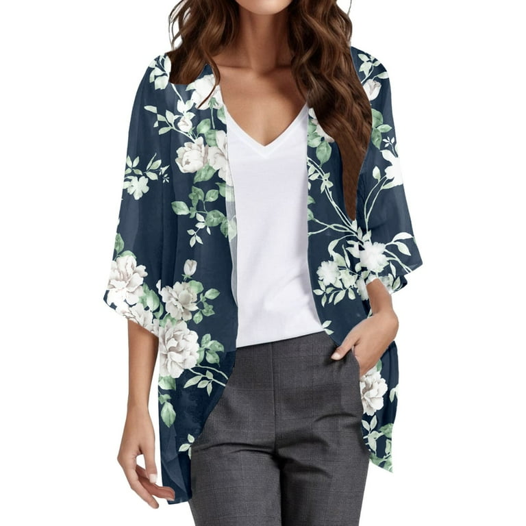 Womens Floral Print Puff Summer Shrugs for Women Sleeve Chiffon Cardigan Loose Cardigan for Women Plus Size Cover Up Casual Blouse Open Back Sweater Tops Walmart