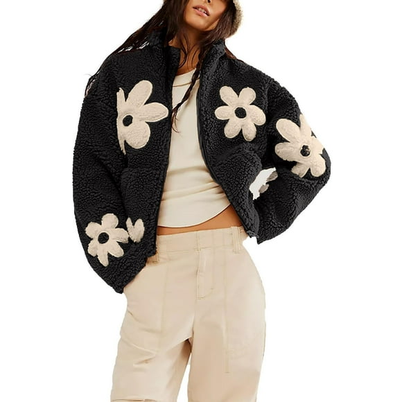 Womens Floral Print Sherpa Fleece Cropped Jackets Winter Warm Zipper Coat Baggy Long Sleeve Outwear with Pockets