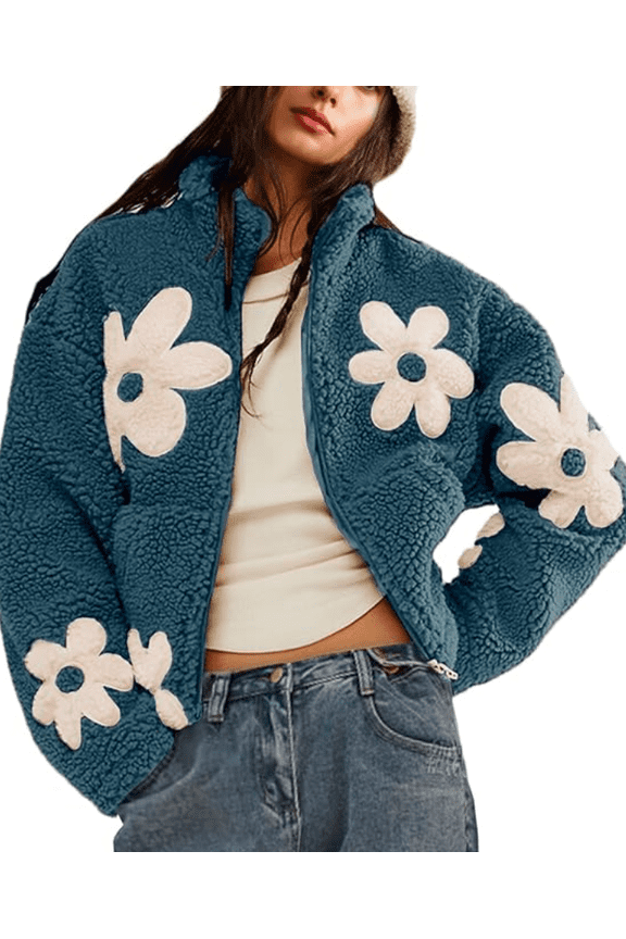 Womens Floral Print Sherpa Fleece Jackets Winter Zipper Cropped Coat Casual Long Sleeve Outwear with Pockets