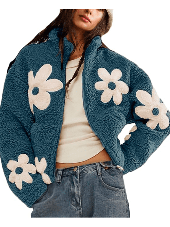 Womens Floral Print Sherpa Fleece Jackets Winter Zipper Cropped Coat Casual Long Sleeve Outwear with Pockets