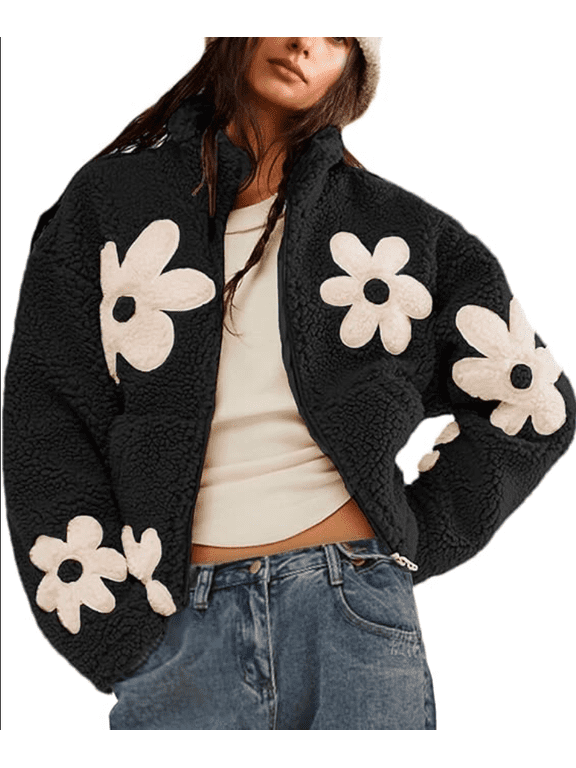Womens Floral Print Sherpa Fleece Jackets Winter Zipper Cropped Coat Casual Long Sleeve Outwear with Pockets