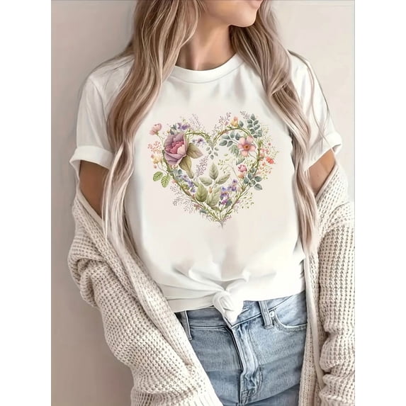 Womens Floral Print Short Sleeve Crew Neck T Shirt Casual Stylish Top