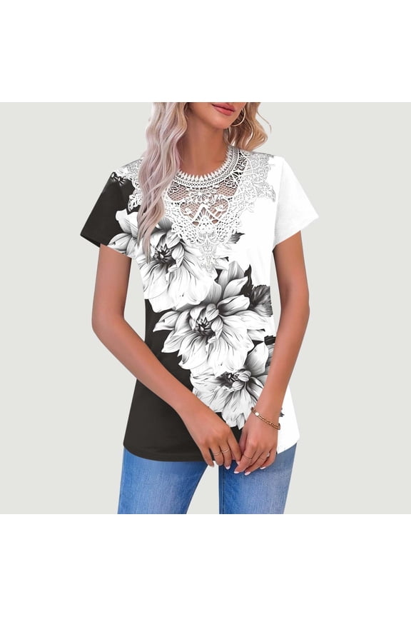 Womens Floral Print Short Sleeve Top with Lace Neckline, Split Color Black White Boho Blouse, Relaxed Fit T-Shirt,Size 2XL